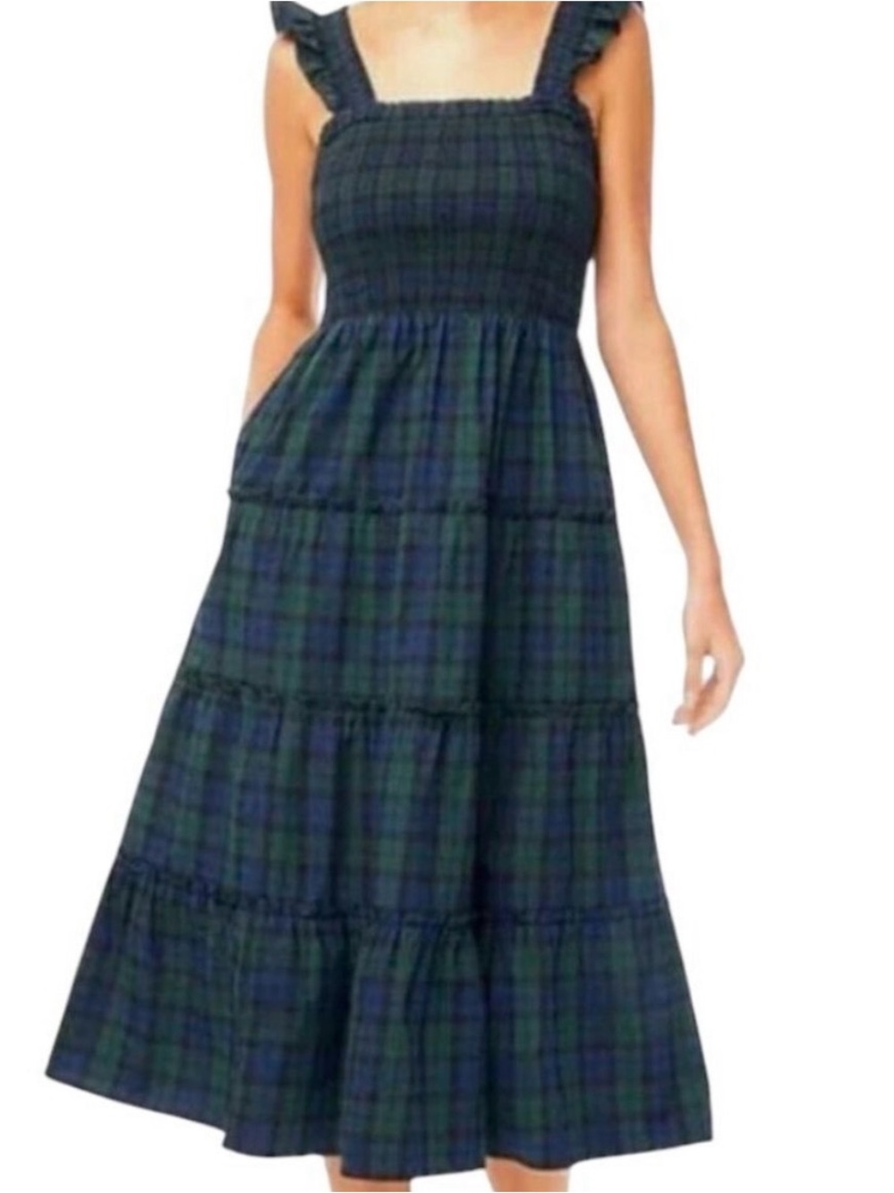 J Crew Cotton Poplin Smocked Tiered Midi Dress Tartan Plaid Green Blue Ruffle